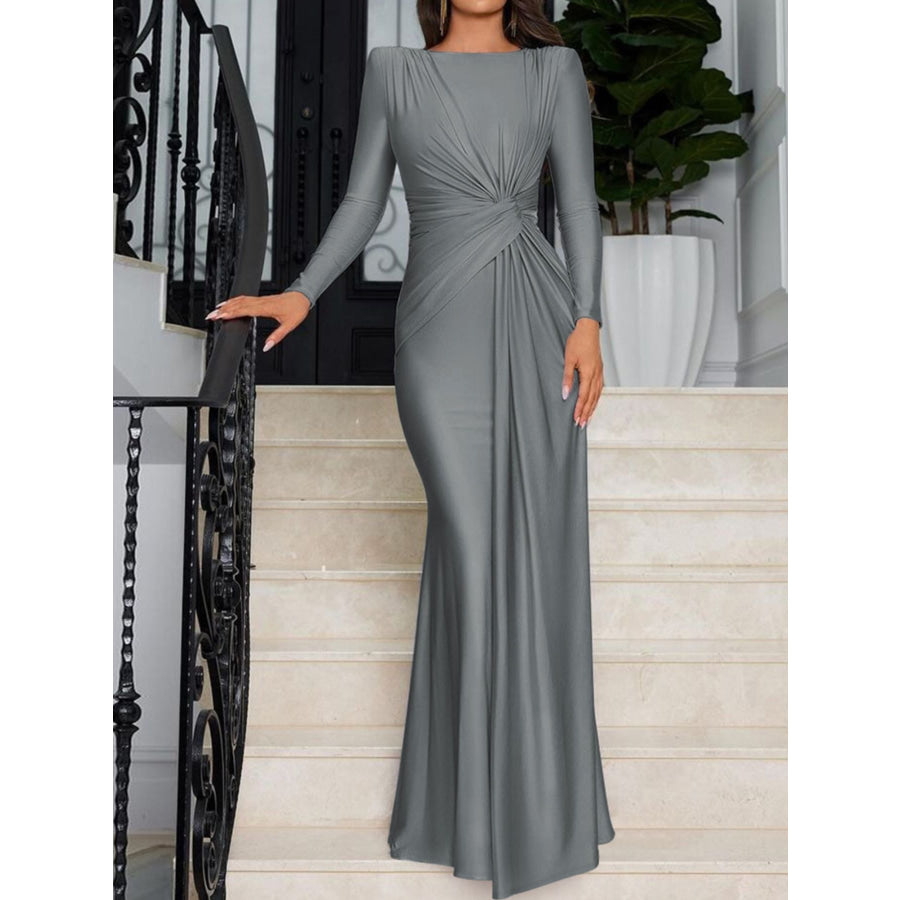 Ruched Knot Front Long Sleeve Maxi Dress Apparel and Accessories