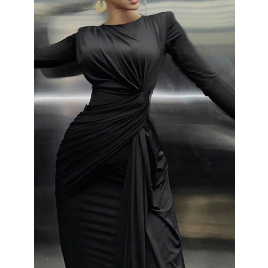 Ruched Knot Front Long Sleeve Maxi Dress Apparel and Accessories