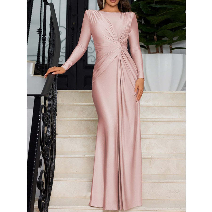 Ruched Knot Front Long Sleeve Maxi Dress Apparel and Accessories