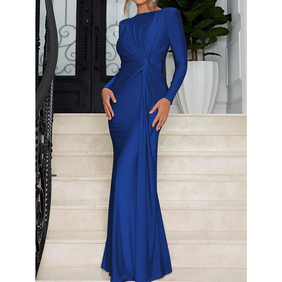 Ruched Knot Front Long Sleeve Maxi Dress Blue / S Apparel and Accessories
