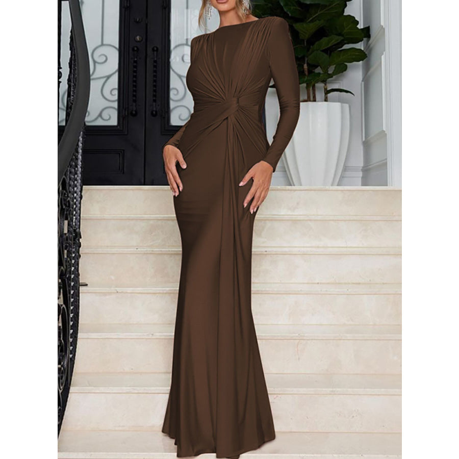 Ruched Knot Front Long Sleeve Maxi Dress Brown / S Apparel and Accessories