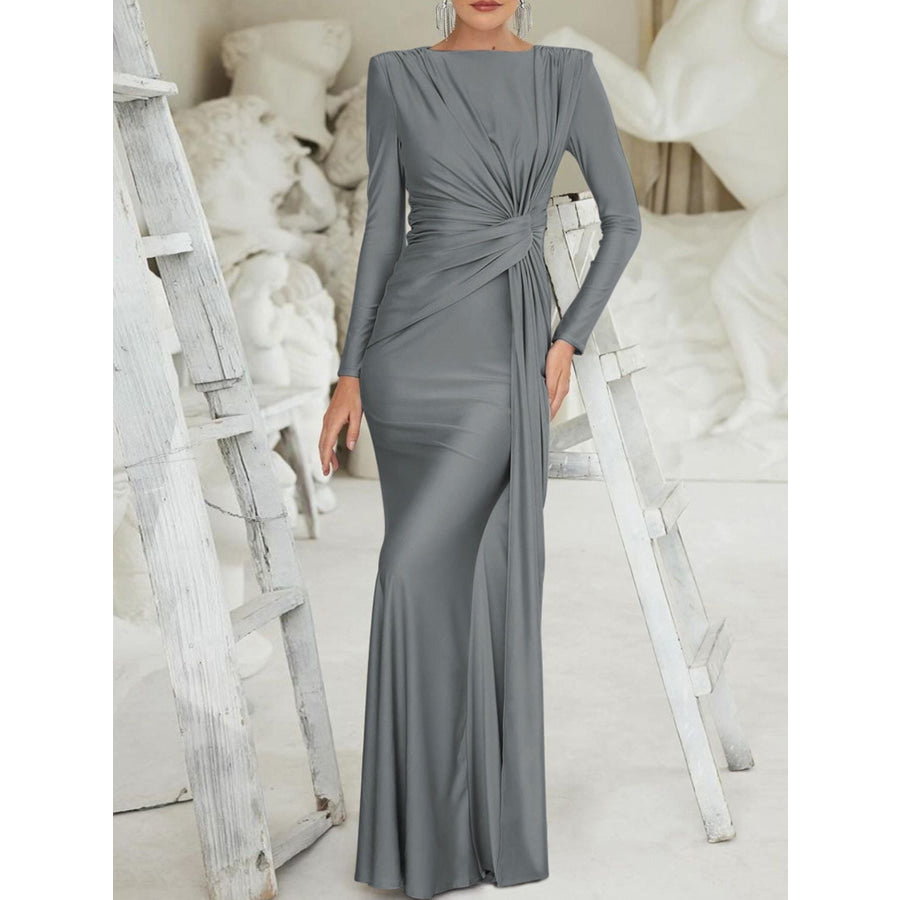 Ruched Knot Front Long Sleeve Maxi Dress Gray / S Apparel and Accessories