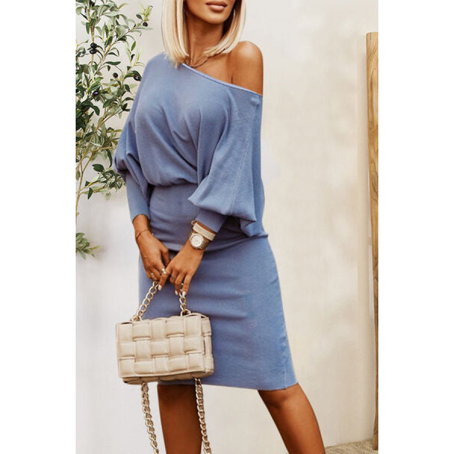 Ruched Lantern Sleeve Dress Misty Blue / S Apparel and Accessories