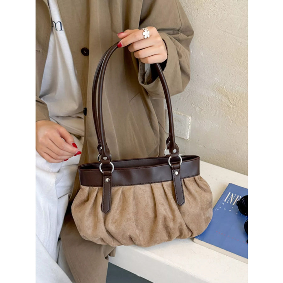 Ruched Leather Trim Shoulder Bag Khaki / onesize Apparel and Accessories