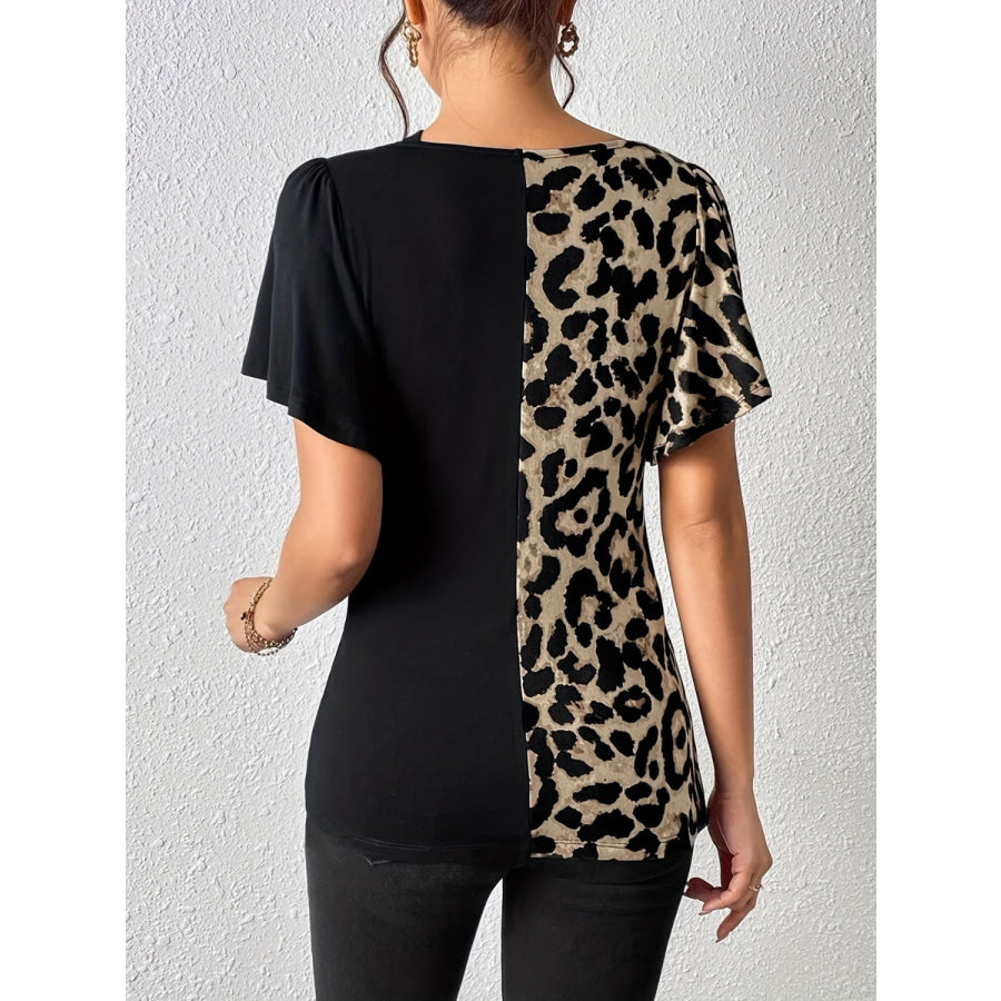 Ruched Leopard Flutter Sleeve T-Shirt Apparel and Accessories