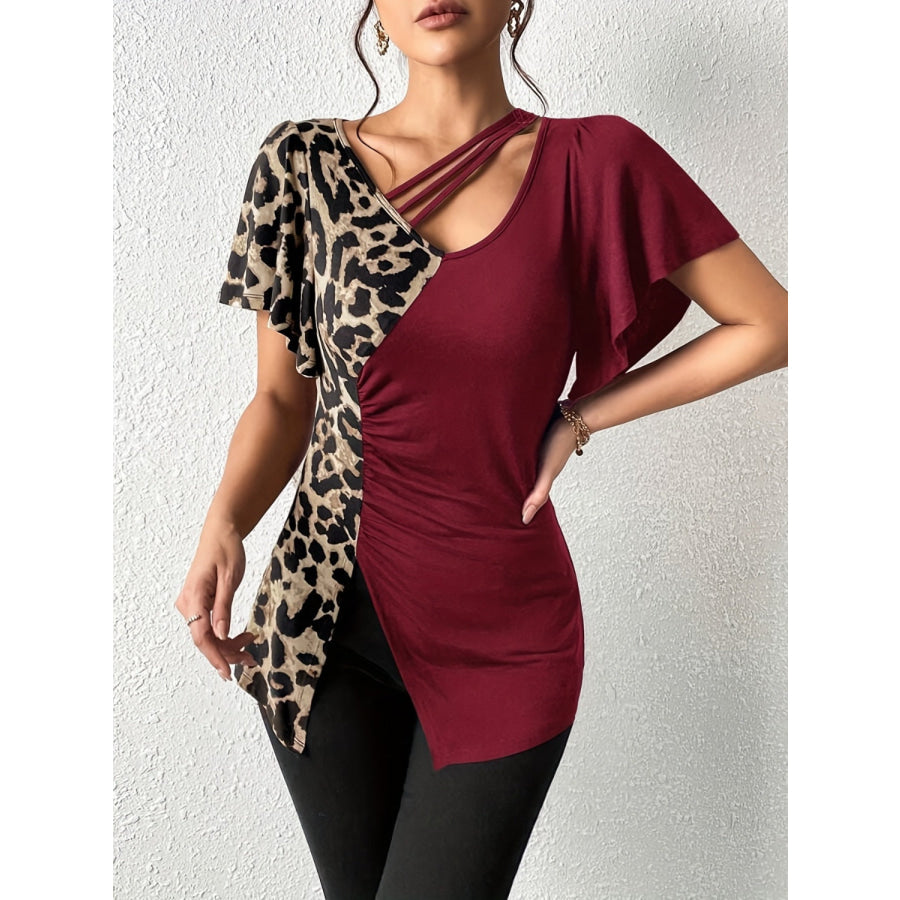 Ruched Leopard Flutter Sleeve T-Shirt Apparel and Accessories