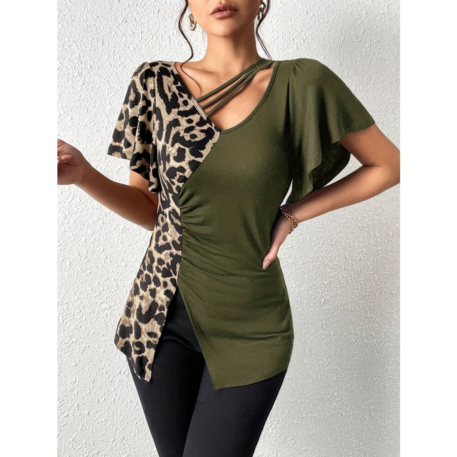 Ruched Leopard Flutter Sleeve T-Shirt Moss / S Apparel and Accessories