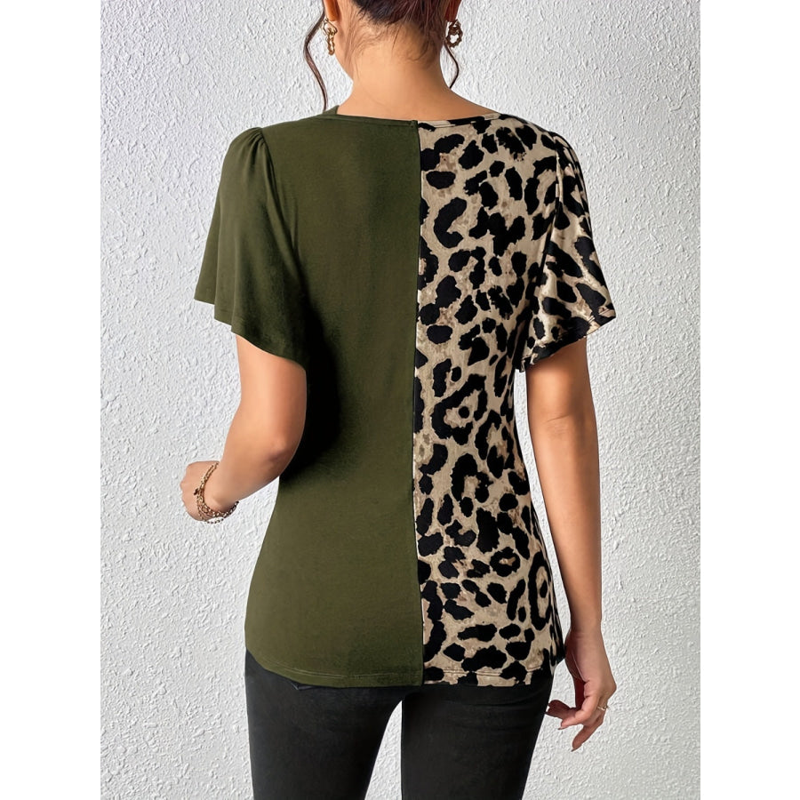 Ruched Leopard Flutter Sleeve T-Shirt Apparel and Accessories