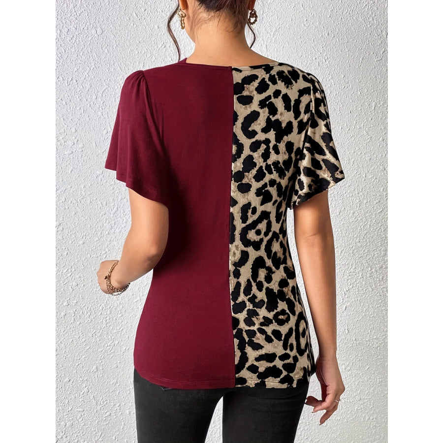 Ruched Leopard Flutter Sleeve T-Shirt Apparel and Accessories