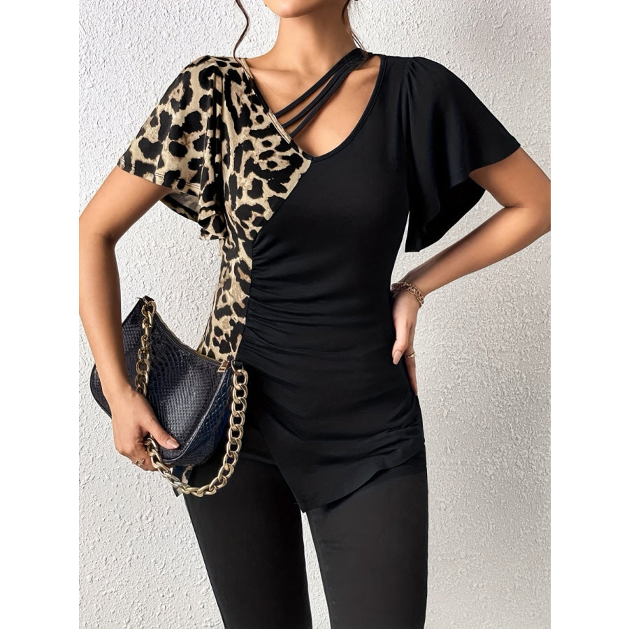 Ruched Leopard Flutter Sleeve T-Shirt Apparel and Accessories