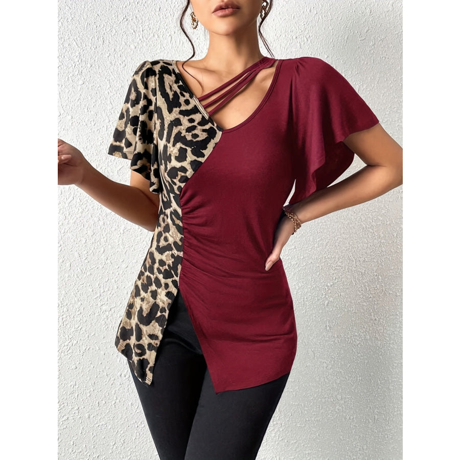 Ruched Leopard Flutter Sleeve T-Shirt Apparel and Accessories