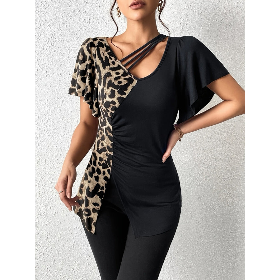 Ruched Leopard Flutter Sleeve T-Shirt Black / S Apparel and Accessories