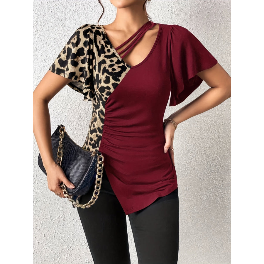 Ruched Leopard Flutter Sleeve T-Shirt Burgundy / S Apparel and Accessories