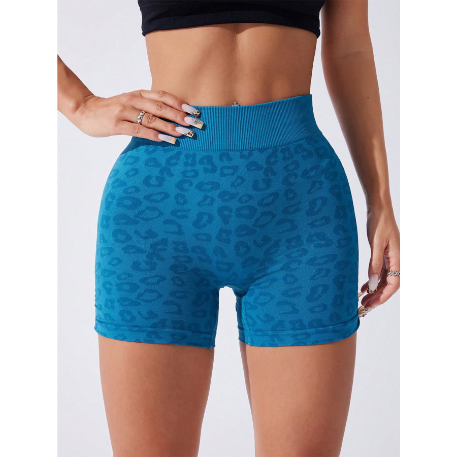 Ruched Leopard High Waist Active Shorts Sky Blue / S Apparel and Accessories