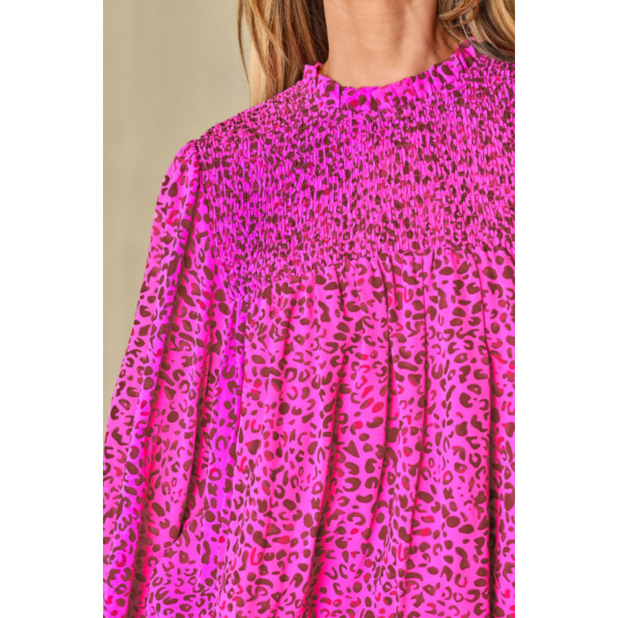 Ruched Leopard Mock Neck Long Sleeve Blouse Apparel and Accessories