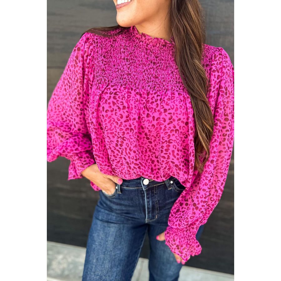 Ruched Leopard Mock Neck Long Sleeve Blouse Hot Pink / S Apparel and Accessories