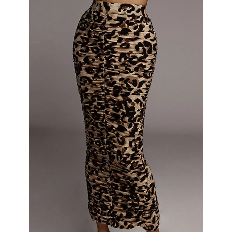 Ruched Leopard Print Slit Skirt Apparel and Accessories