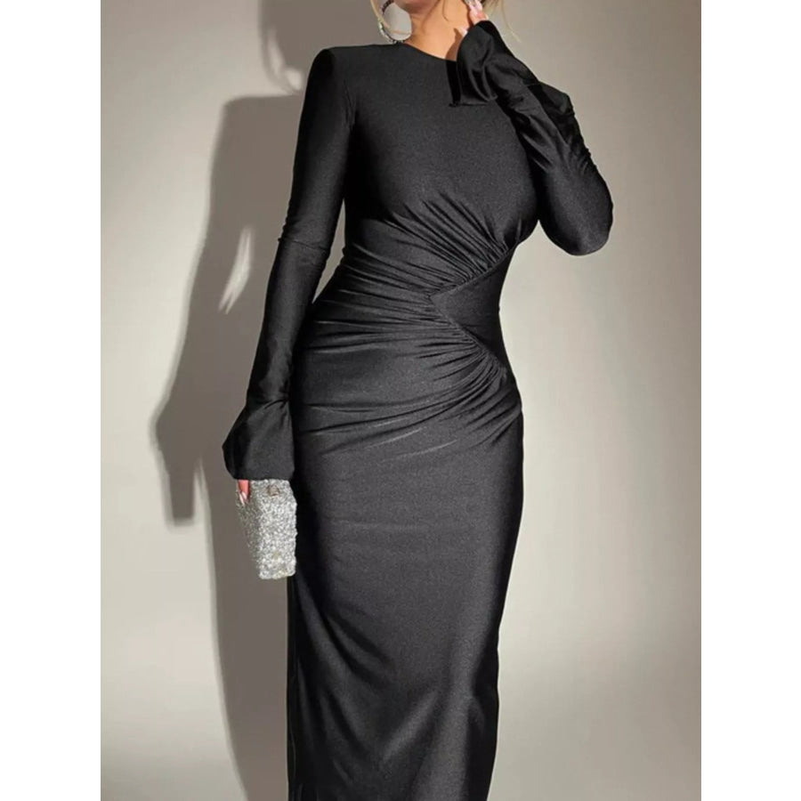 Ruched Long Sleeve Bodycon Maxi Dress Black / S Apparel and Accessories
