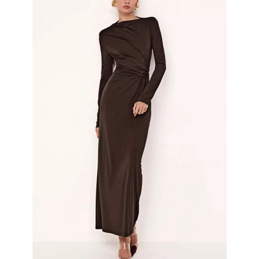 Ruched Long Sleeve Bodycon Maxi Dress Brown / S Apparel and Accessories