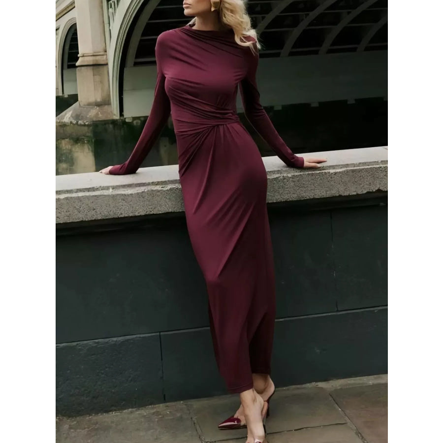 Ruched Long Sleeve Bodycon Maxi Dress Red / S Apparel and Accessories