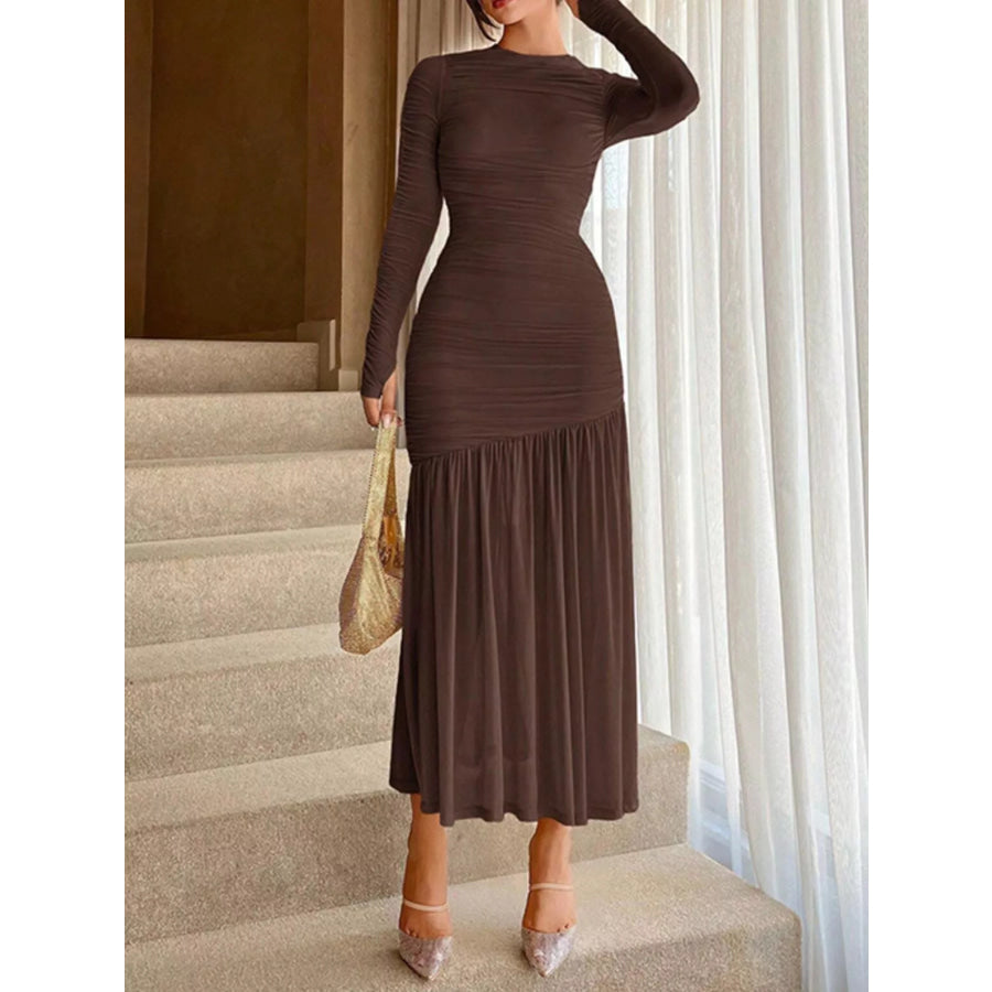 Ruched Long Sleeve Bodycon Midi Dress Brown / S Apparel and Accessories