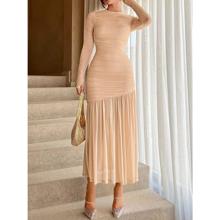 Ruched Long Sleeve Bodycon Midi Dress Champagne / S Apparel and Accessories