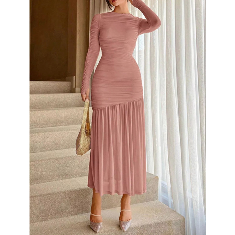 Ruched Long Sleeve Bodycon Midi Dress Light Pink / S Apparel and Accessories
