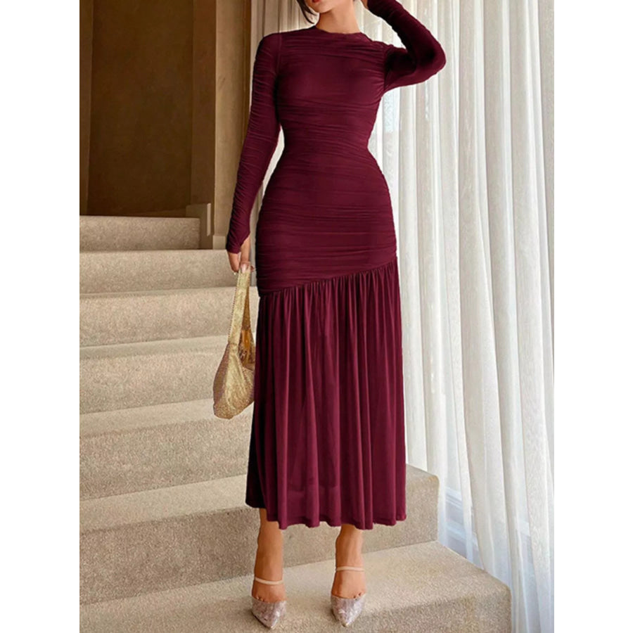 Ruched Long Sleeve Bodycon Midi Dress Wine Red / S Apparel and Accessories