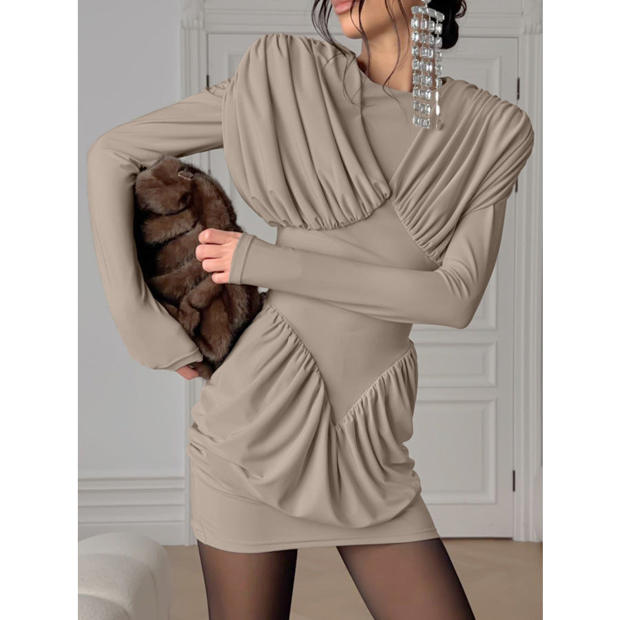 Ruched Long Sleeve Bodycon Mini Dress Khaki / S Apparel and Accessories