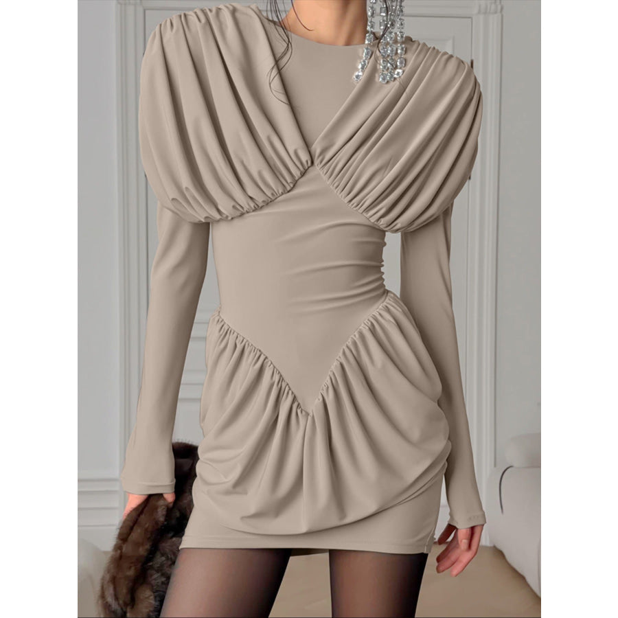 Ruched Long Sleeve Bodycon Mini Dress Khaki / S Apparel and Accessories