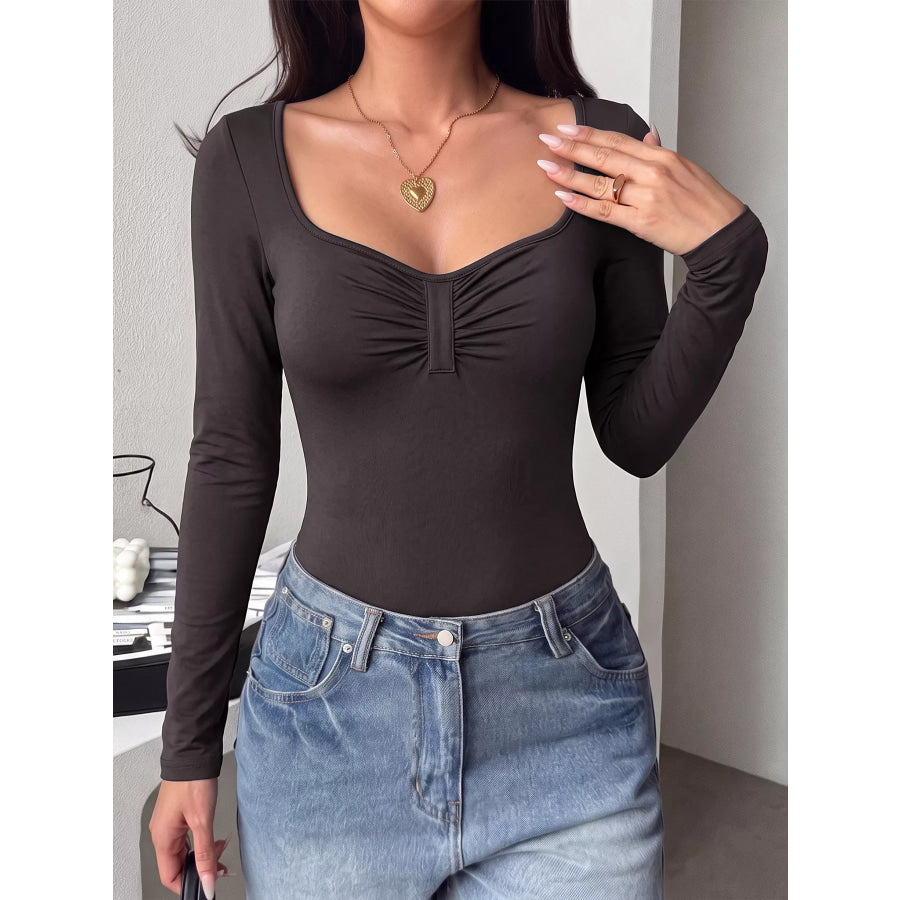 Ruched Long Sleeve Bodysuit Coffee Brown / S Apparel and Accessories
