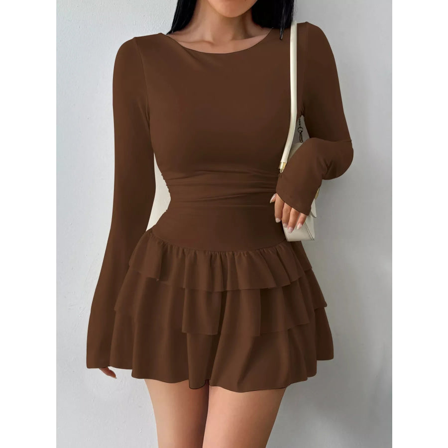 Ruched Long Sleeve Layered Ruffle Mini Dress Apparel and Accessories