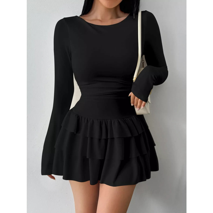 Ruched Long Sleeve Layered Ruffle Mini Dress Apparel and Accessories