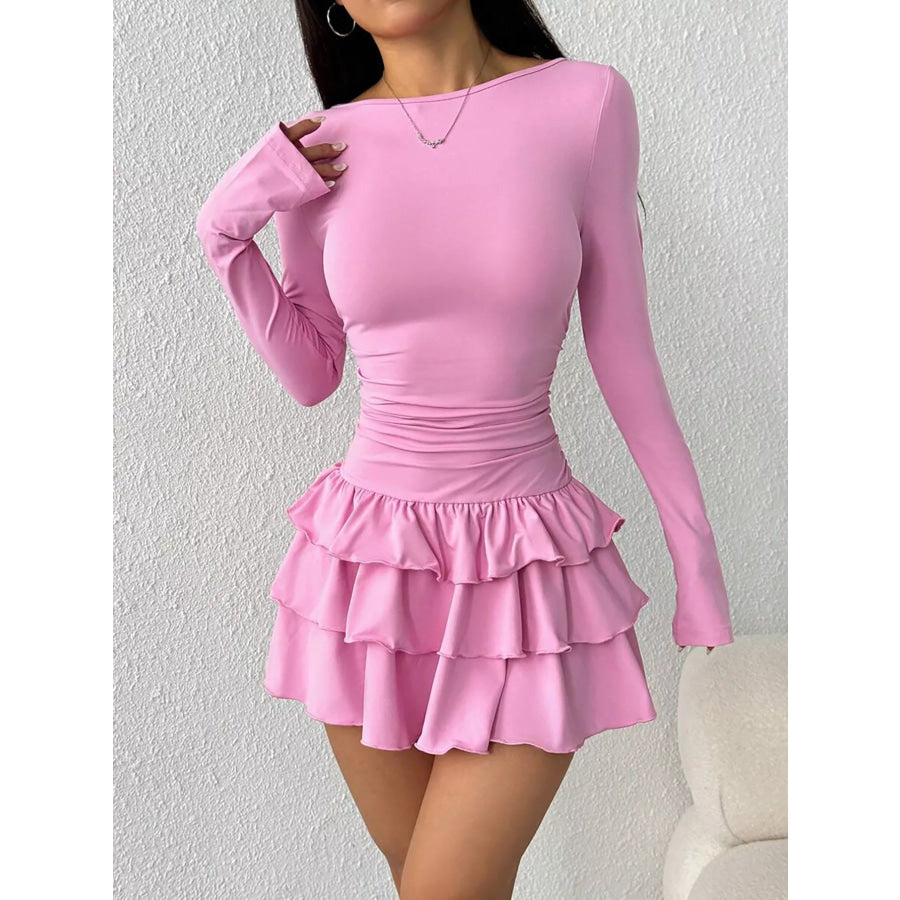 Ruched Long Sleeve Layered Ruffle Mini Dress Apparel and Accessories