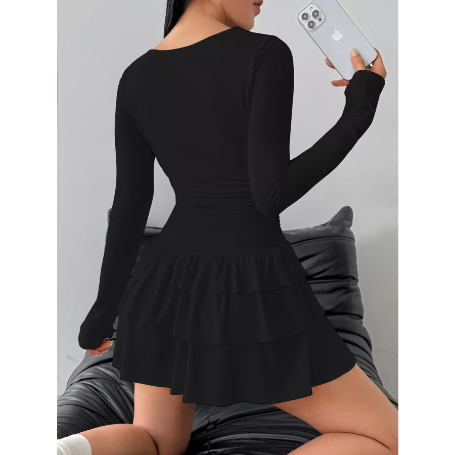 Ruched Long Sleeve Layered Ruffle Mini Dress Apparel and Accessories
