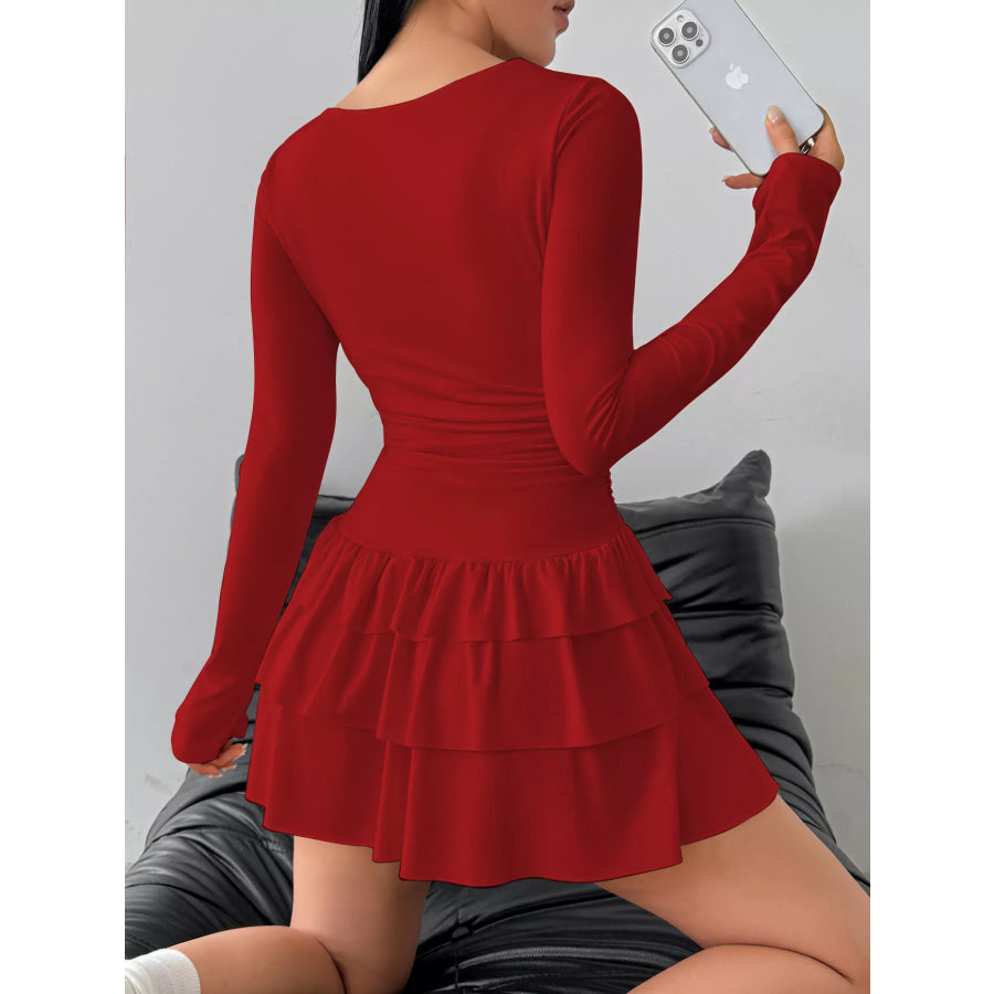 Ruched Long Sleeve Layered Ruffle Mini Dress Apparel and Accessories