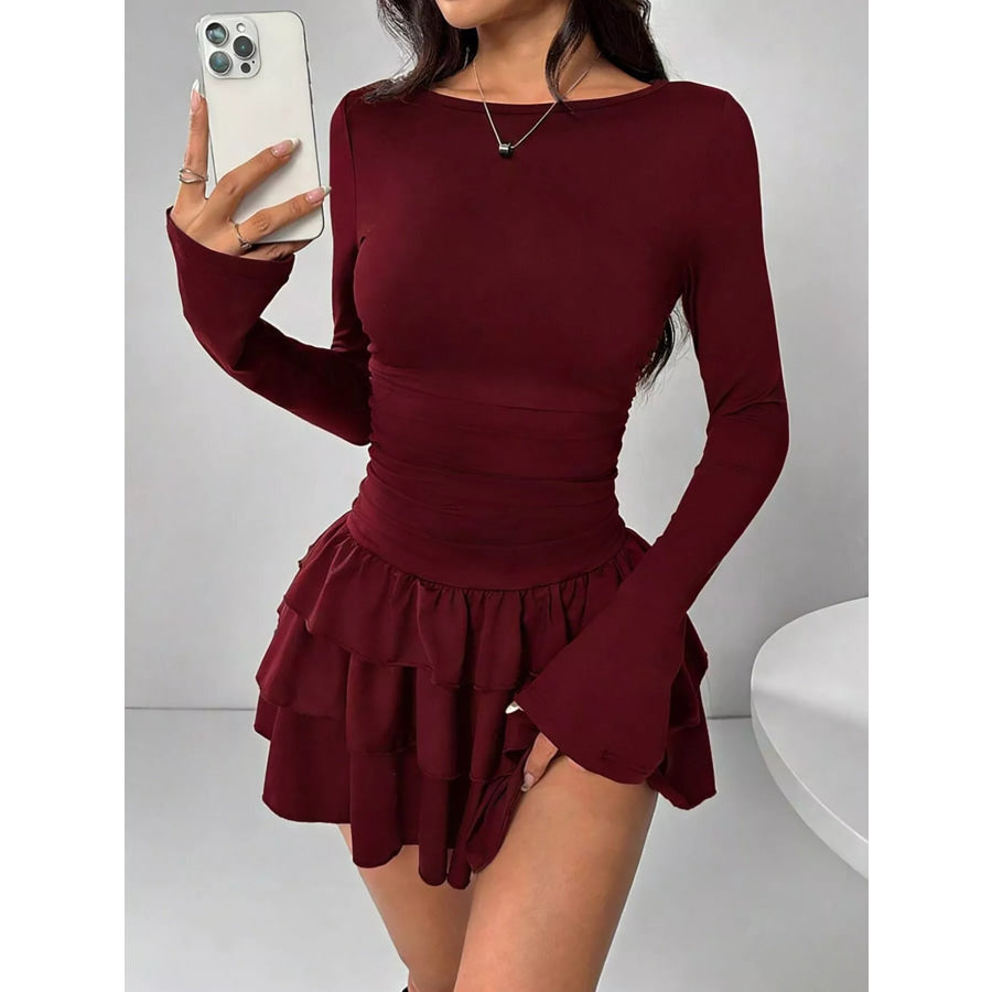 Ruched Long Sleeve Layered Ruffle Mini Dress Apparel and Accessories