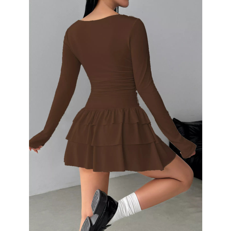 Ruched Long Sleeve Layered Ruffle Mini Dress Apparel and Accessories