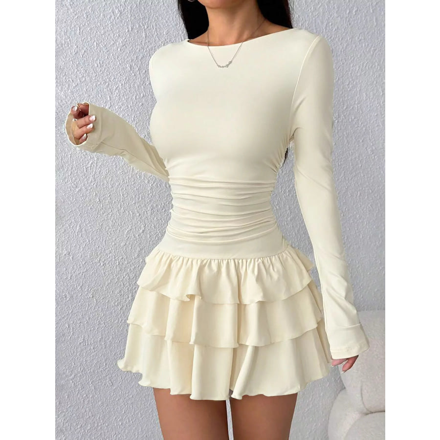 Ruched Long Sleeve Layered Ruffle Mini Dress Apricot / XS Apparel and Accessories