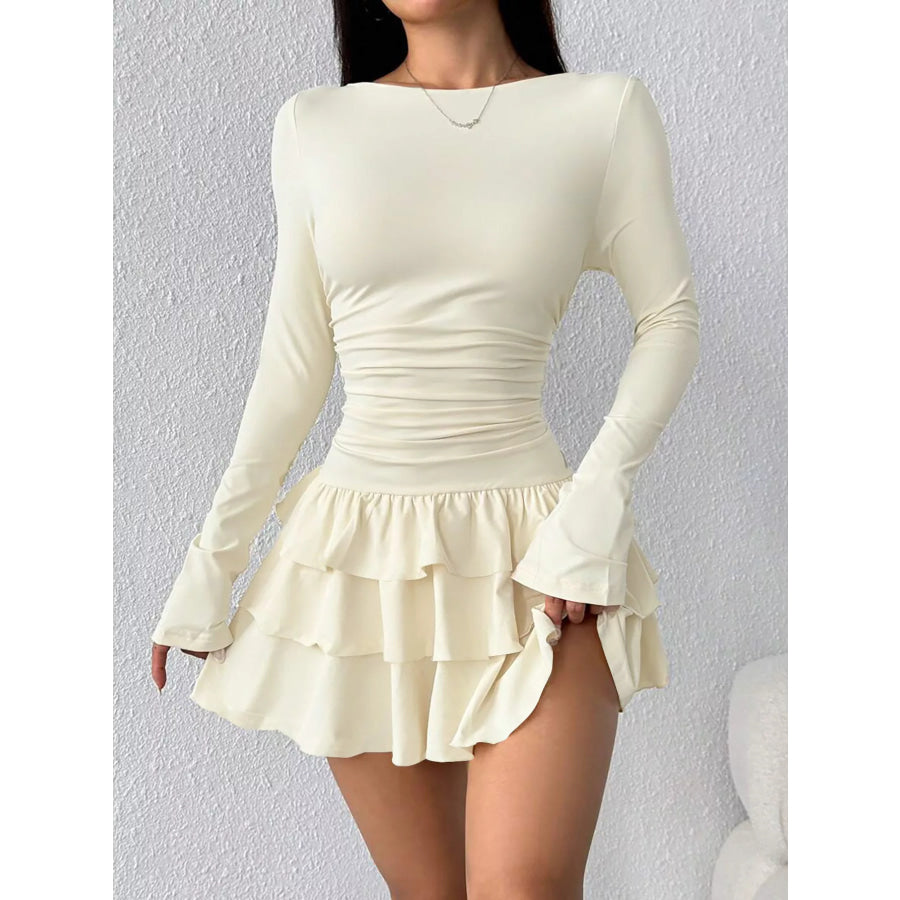 Ruched Long Sleeve Layered Ruffle Mini Dress Apricot / XS Apparel and Accessories