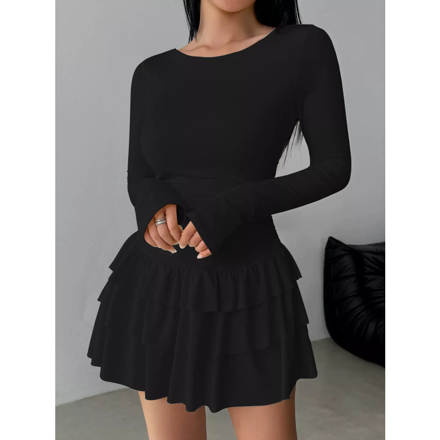 Ruched Long Sleeve Layered Ruffle Mini Dress Black / XS Apparel and Accessories