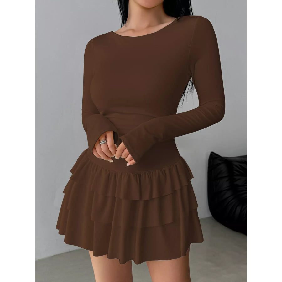 Ruched Long Sleeve Layered Ruffle Mini Dress Brown / XS Apparel and Accessories