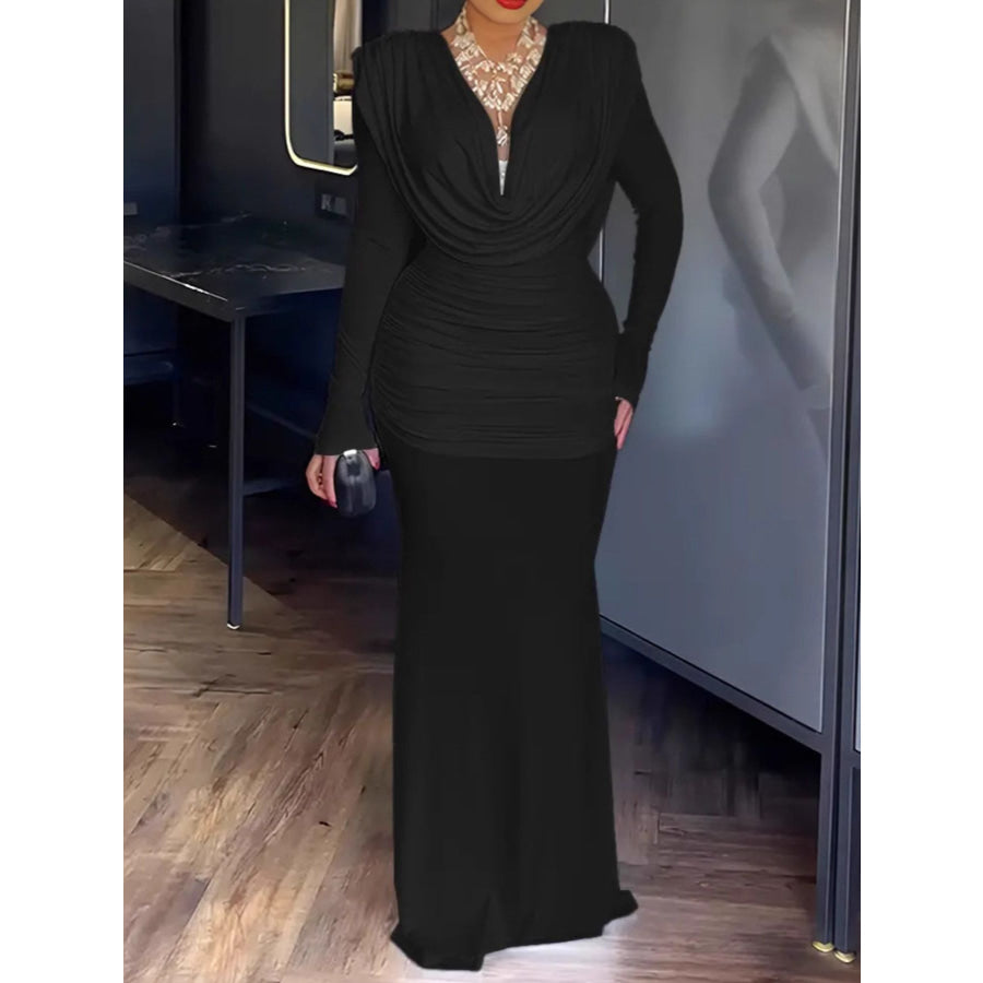 Ruched Long Sleeve Maxi Dress Black / S Apparel and Accessories