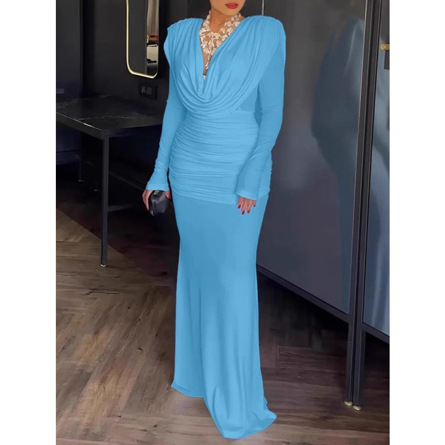 Ruched Long Sleeve Maxi Dress Blue / S Apparel and Accessories