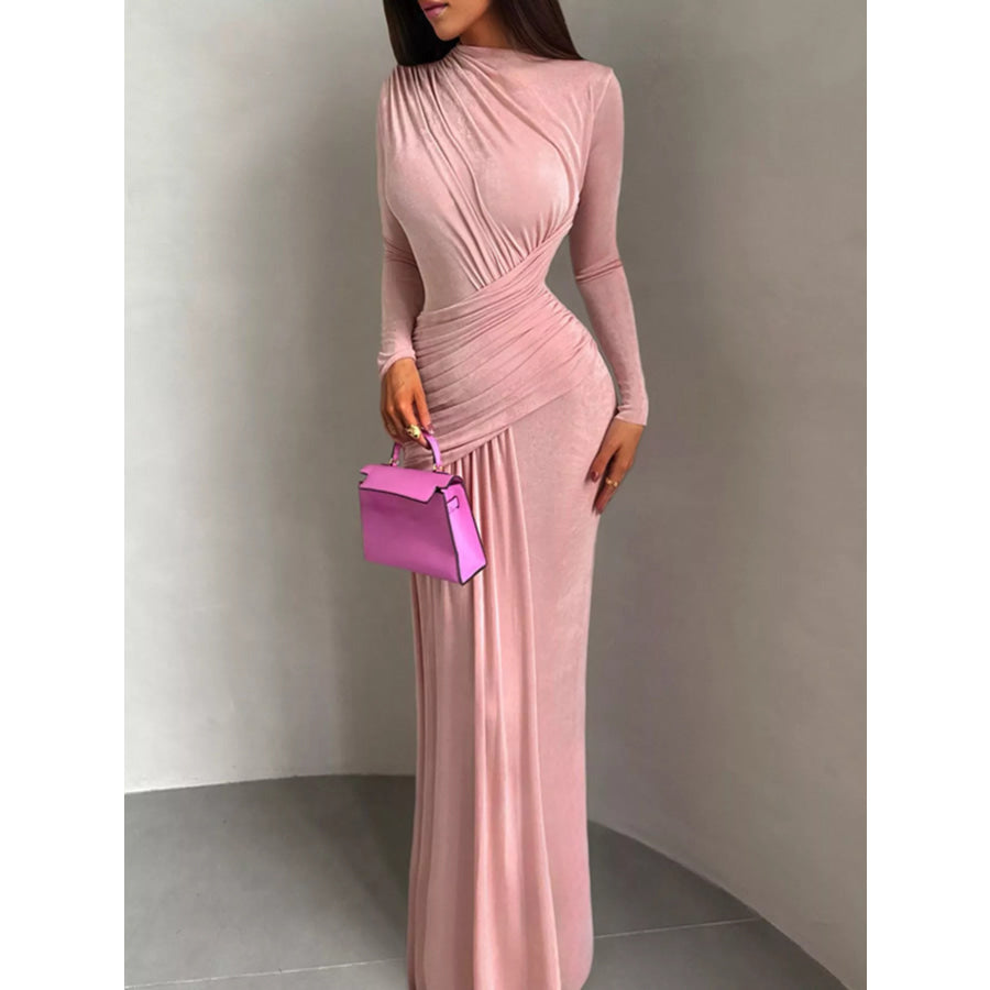 Ruched Long Sleeve Maxi Dress Pink / S Apparel and Accessories