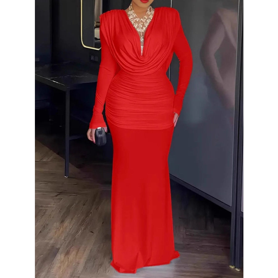 Ruched Long Sleeve Maxi Dress Red / S Apparel and Accessories