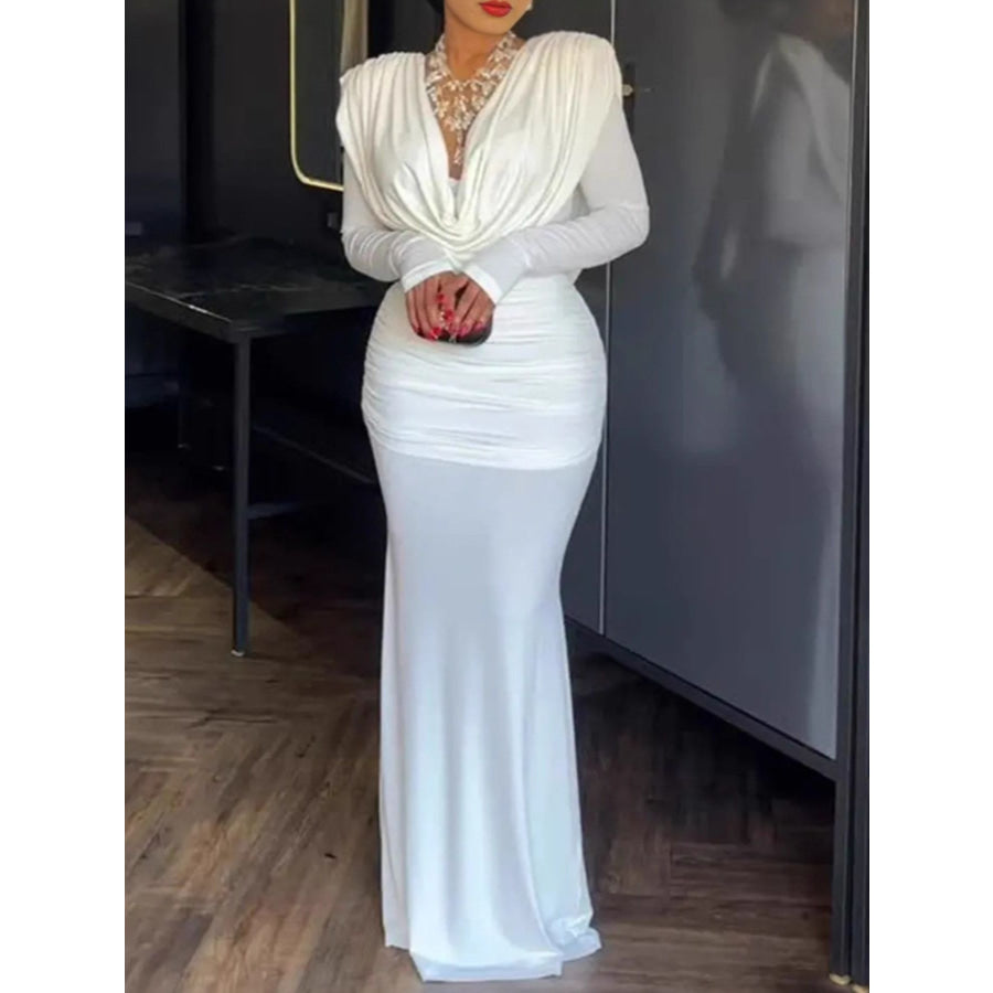Ruched Long Sleeve Maxi Dress White / S Apparel and Accessories