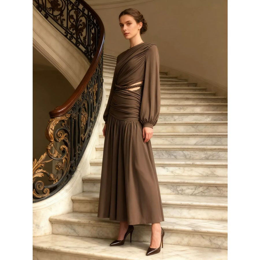 Ruched Long-Sleeve Maxi Dress with Cutout Detail Brown / S Apparel and Accessories
