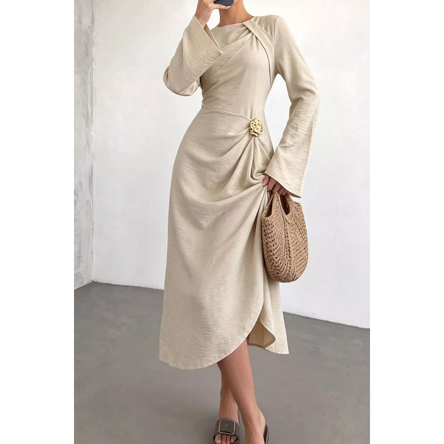 Ruched Long Sleeve Midi Dress Apparel and Accessories