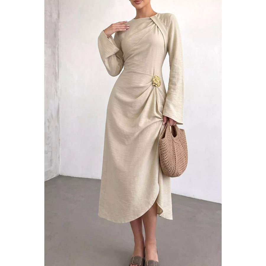 Ruched Long Sleeve Midi Dress Beige / S Apparel and Accessories